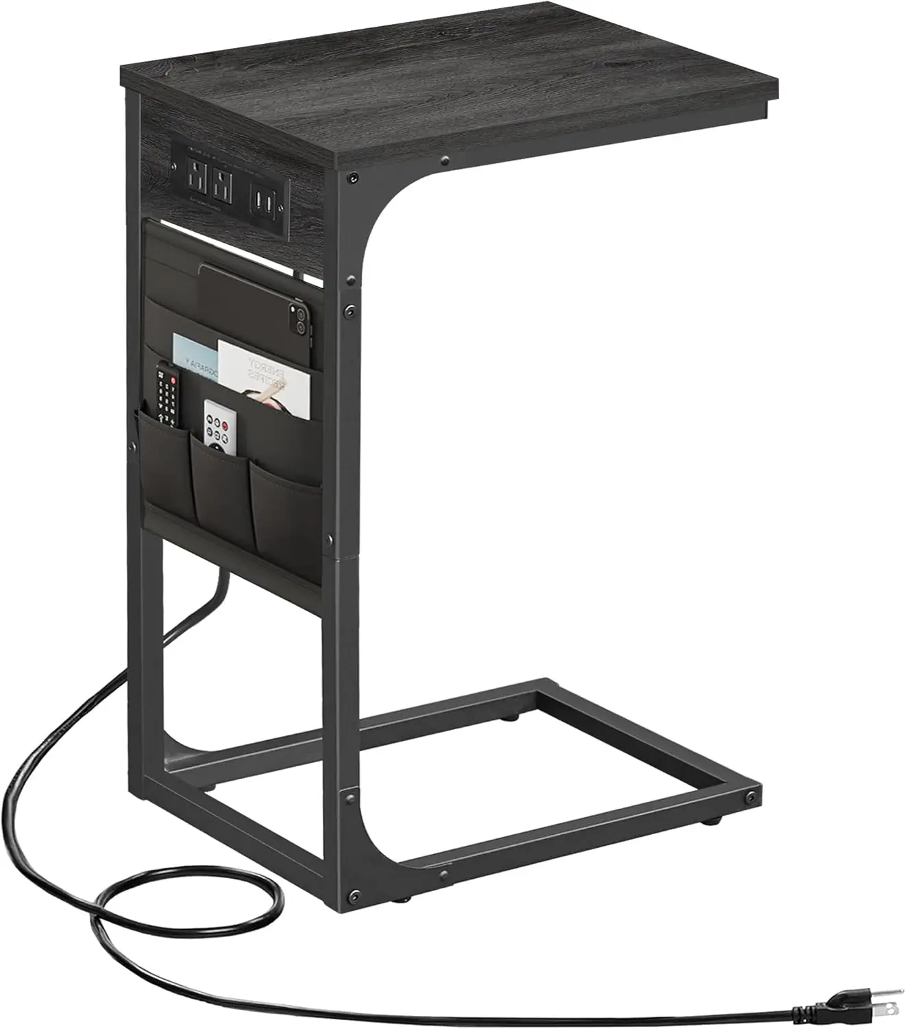 C Shaped End Table with Charging Station, Side Table for Sofa, Couch Table with Storage Bag, TV Tray Table with 2 USB Po