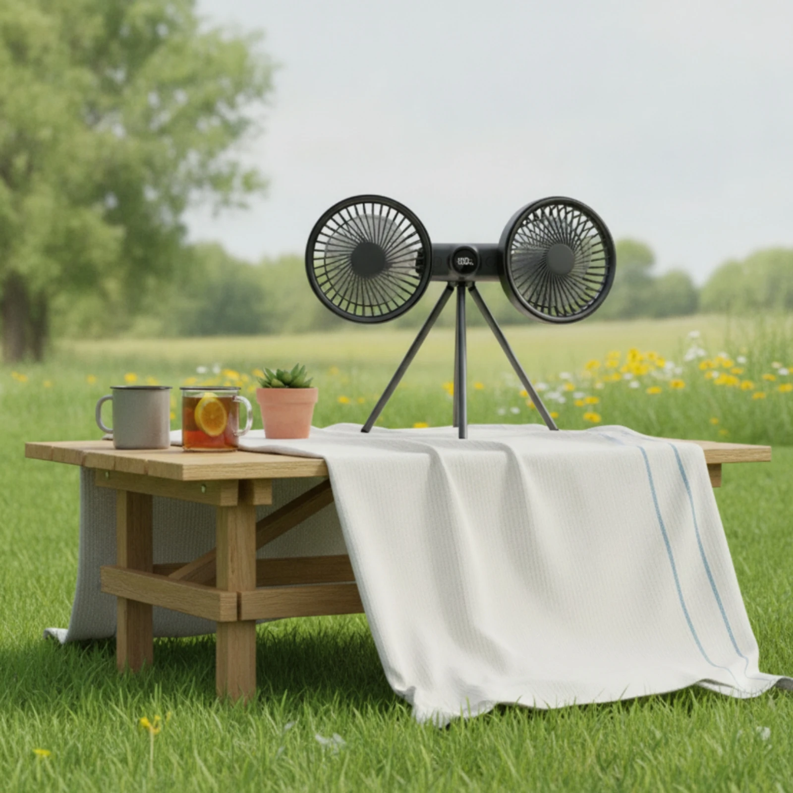 Double Head Fan with Tripod Foldable Two-headedHead Fan USB-C 3-Speed for Campers, Camping, Tent