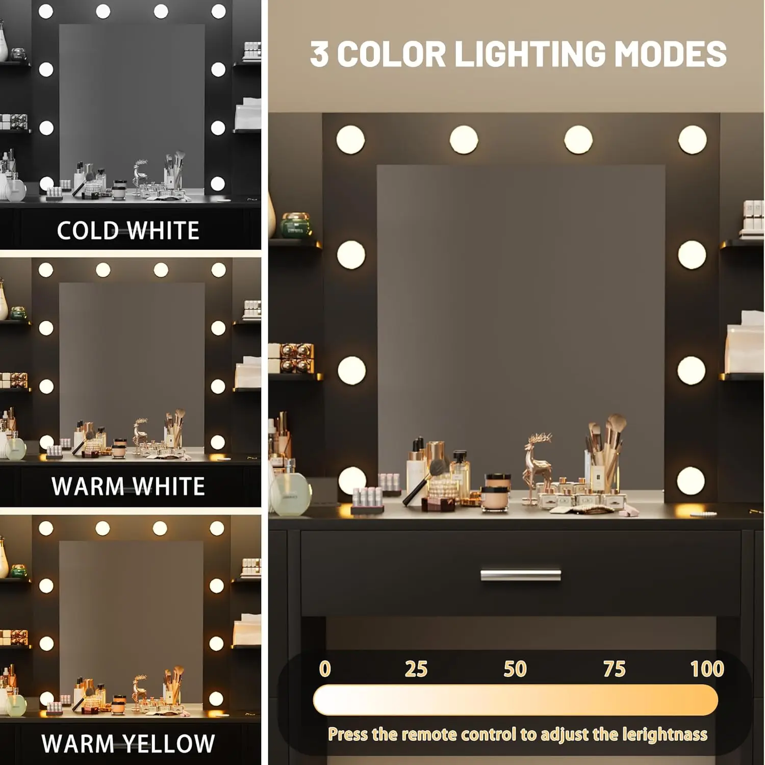 مكتب زينة مع مرآة وأضواء LED وطاولة مكياج بمنفذ طاقة مع 7 أدراج و6 أرفف تخزين