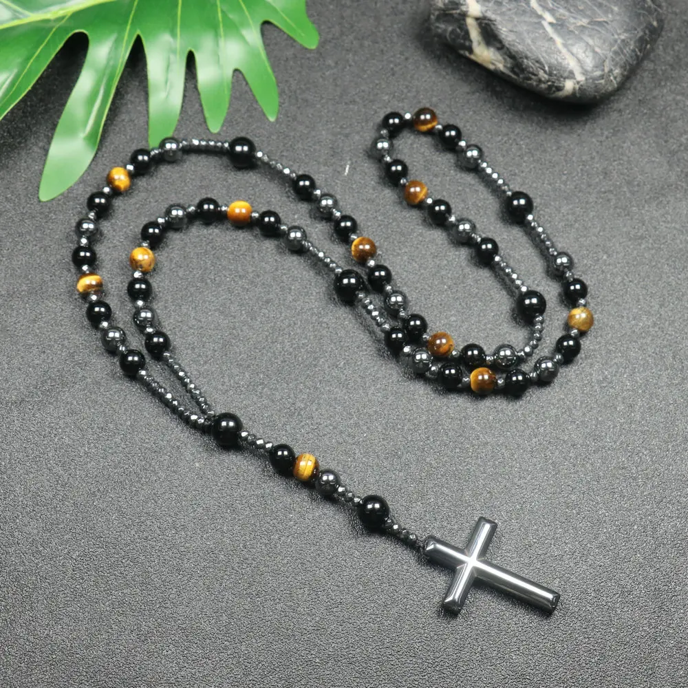 שחור אובסידיאן עין נמר המטיט הגנה מחרוזת תפילת Mala חרוזים צמיד שרשרת לגברים נשים צלב מדיטציה שרשרת