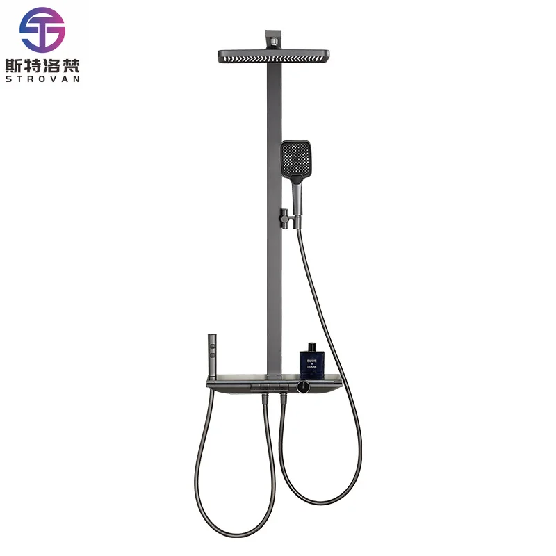 

Modern Wall Mounted Single Handle Digital Display Bath & Shower Faucet System Shower Mixer Column Set with Storage Shelf