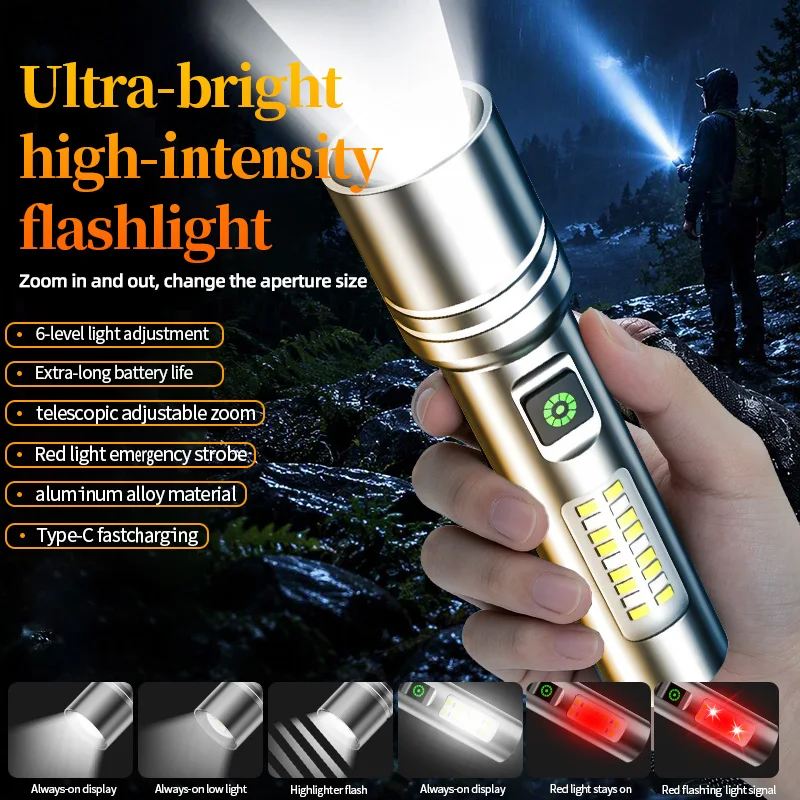 Industrial Multifunctional LED Flashlight Telescopic Zoom Torch Multi‑Gear Light Control With Side Lamp Handheld Flashlight For