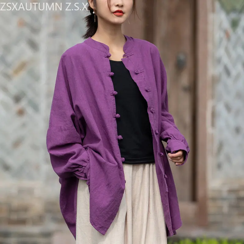 2023 Spring Chinese Style Cotton Hemp Women's Dish Buckle Leisure Long Cardigan Women's Retro Loose Linen Coat Tang Suit Too