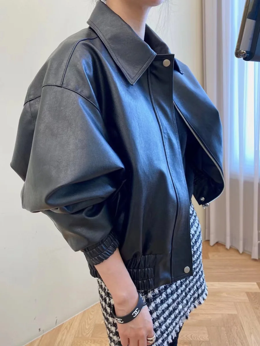 Sli Loose PU Leather Jaet Women's Batwing Sve Slimming Autumn Winter New Sle Motorcycle Top Faionable ort Coat