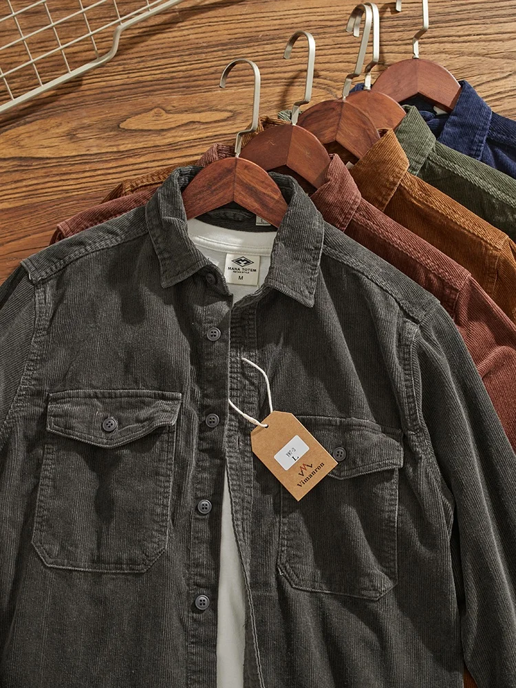 

Retro Waed Workwear Corduroy irt Jaet Men Versatile American Casual Turn-down Collar Long Sve Autumn Winter irt
