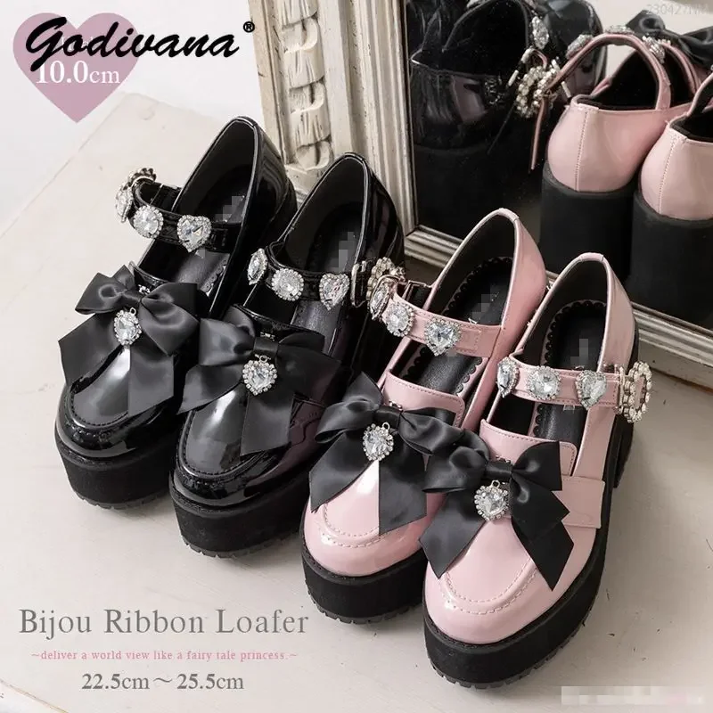 Japanese Rhinestone Love Heart Bow Tie Lolita Mine Mass-Produced Platform Mary Jane Shoes Pink Pumps Girl Women\'s Shoes