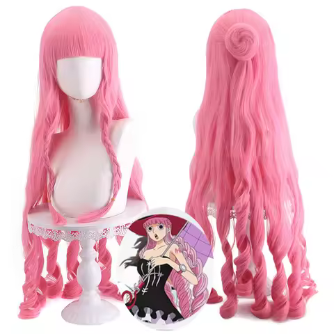 Anime Perona Cosplay Wig One Piece Princess Ghost Role Play Accessories Props High Temperature Wire Pink Curly Hair With Wig Cap