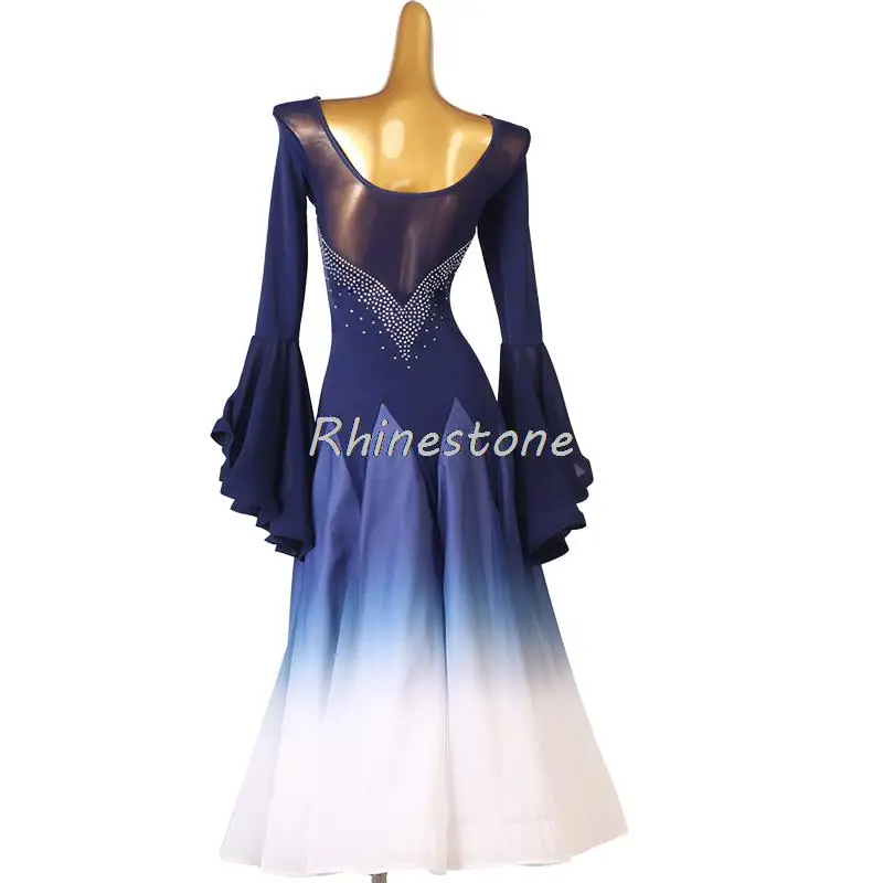 New Modern Competition Performance Horn Sleeves National Standard Dance Social Big Swing Dress With Diamond Pearl Embedding