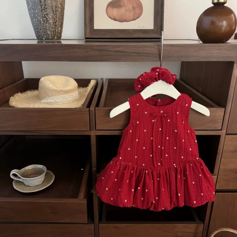 

01-Sweet and Cute New Style！Baby Girl Sweet Red First Birthday Flower Bud Princess Dress Cute Dress