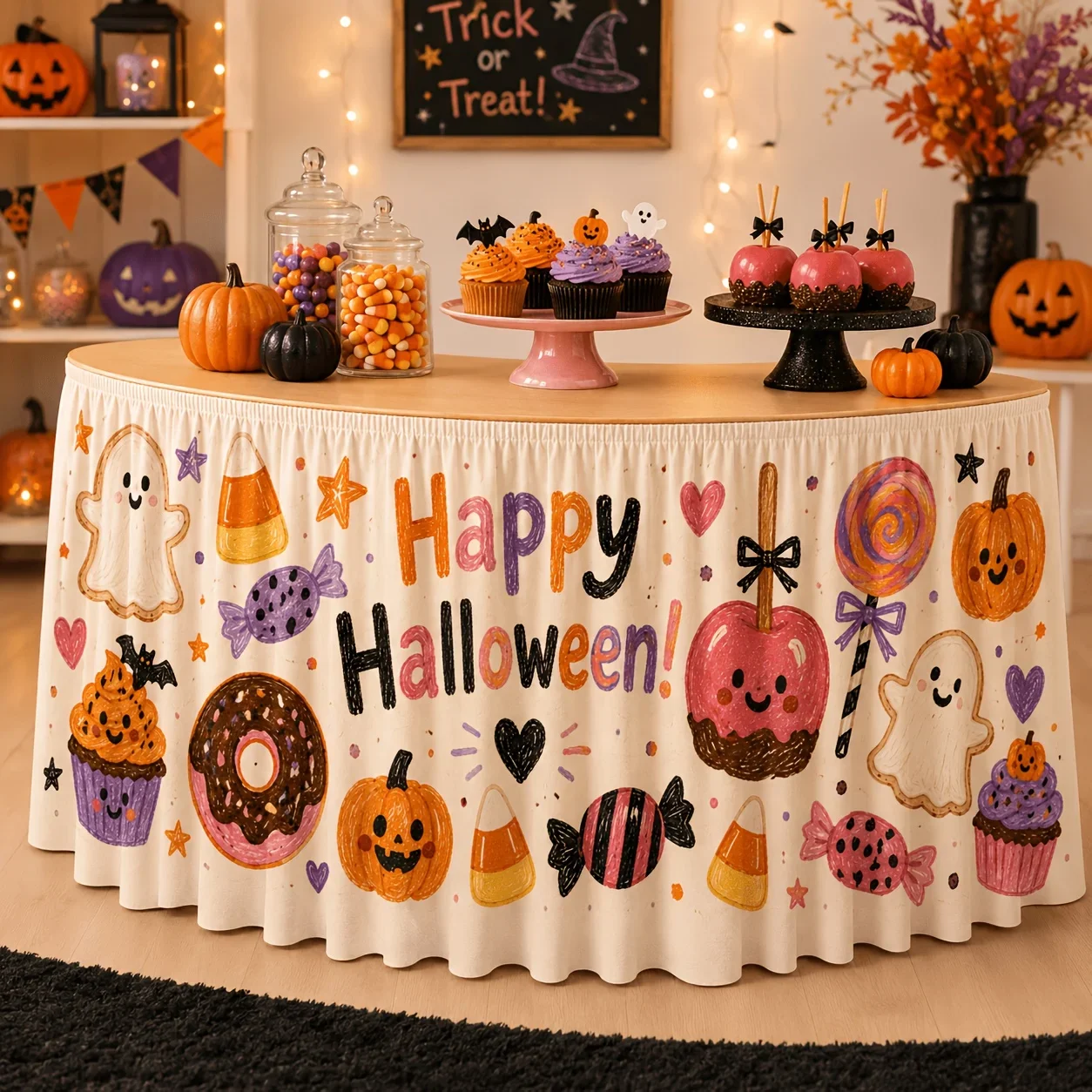 One tablecloth and table skirt, Happy Halloween table skirt, textured pencil ghost cupcake