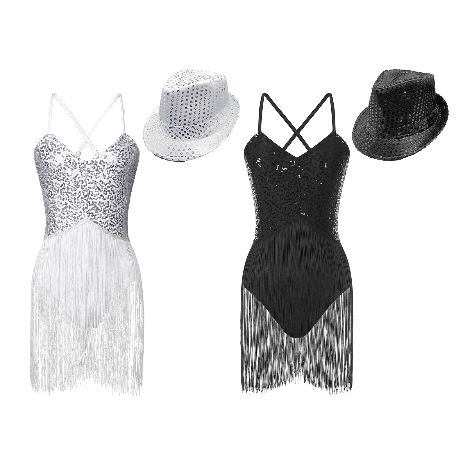 Womens Glittery Sequins Latin Cha-Cha Dance Leotard Set Fringed Bodysuit V Neck Adjustable Straps Tassel Leotard with Hat