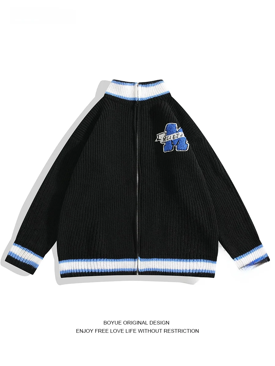 

Boyue American College Sle Zipper Color Blo Sweater Youthful Vintage Outerwear Men's Open Cardigan Knitted Long Sve