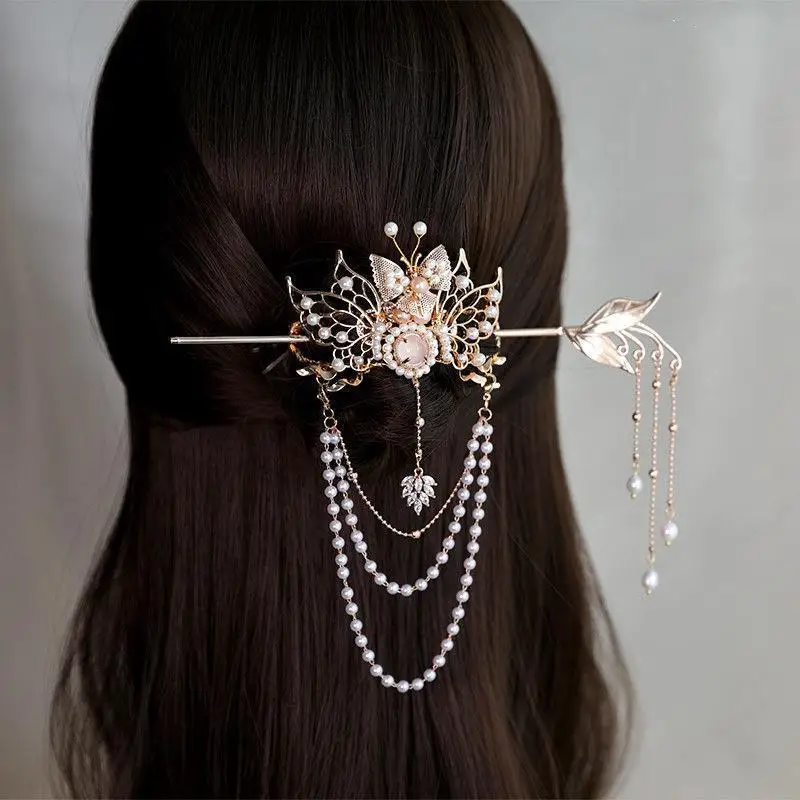 Chinese Hairpins Clips Retro Ponytail Bun Hair Holder Gold Silver Color Metal Pearls Crown Tiara for Women Men Long Hair Jewelry