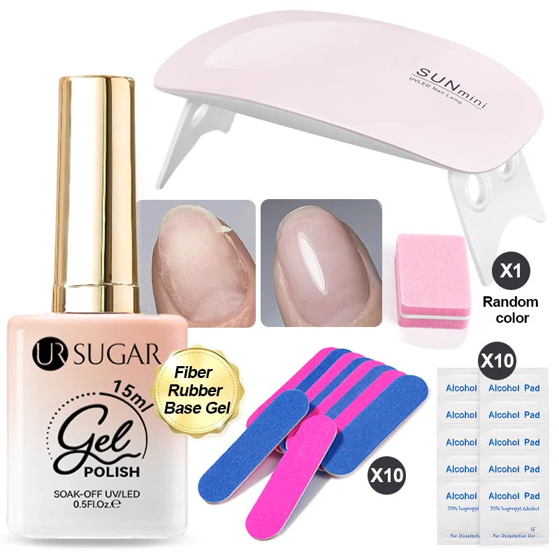 UR SUGAR 15ml ไฟเบอร์ซ่อมฐานเจลชุดสําหรับเล็บหักซ่อมแซมไม่มีเช็ด Top Coat Soak Off UV LED อเนกประสงค์เจล UV โคมไฟ