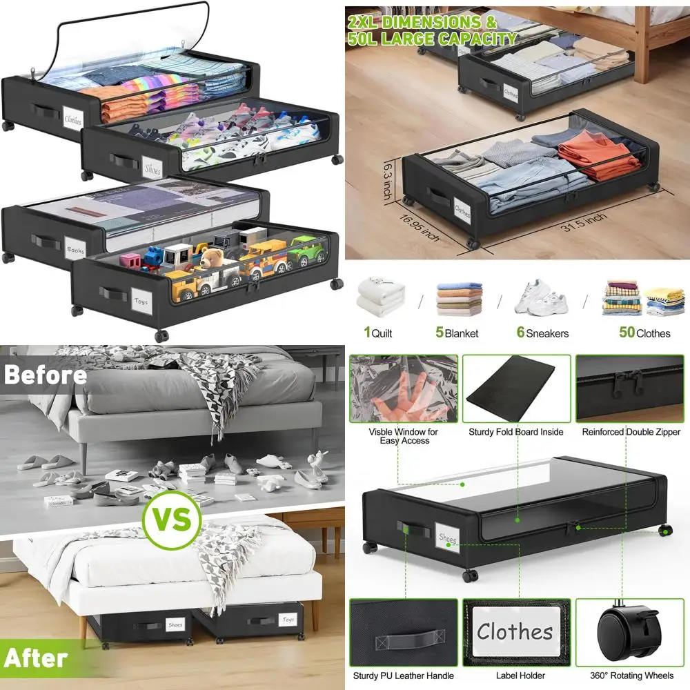 Paquet de 4 boîtes de rangement à roulettes sous le lit avec dessus transparents, organisateur pour chaussures, vêtements et couvertures en noir