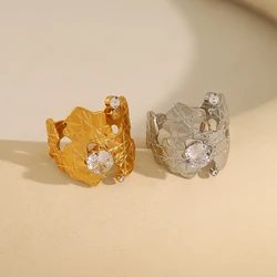 WILD & FREE Trendy Irregular Stainless Steel Rings for Women Retro Luxury Crystal 18K Gold Plated Waterproof Jewelry