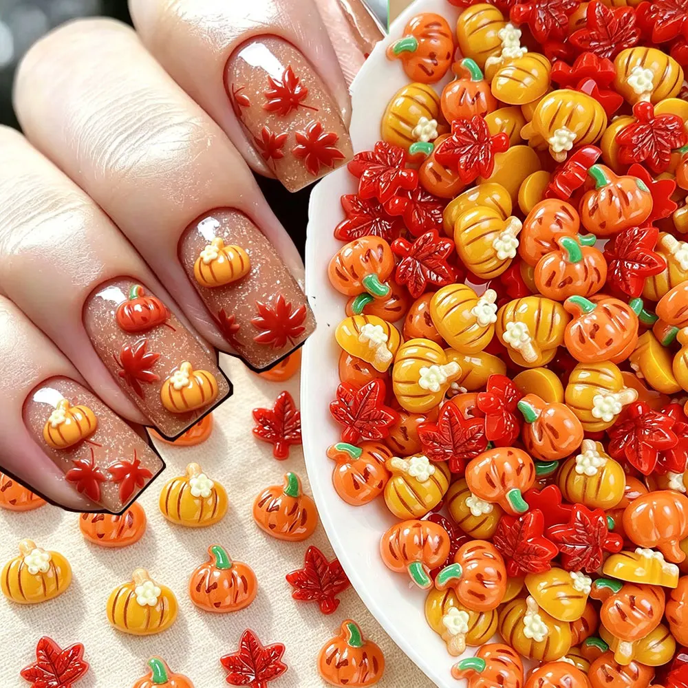 30pcs 3D Stereo Fall Resin Nail Charms Pumpkin & Maple Leaf Nail Decorations Autumn Thanksgiving Halloween DIY Nail Ornaments