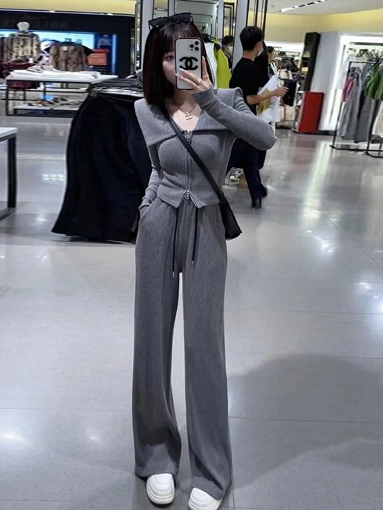 

Fashionable and high-end lapel collar pullover wide leg pants women's 2025 autumn new casual and simple two-piece set