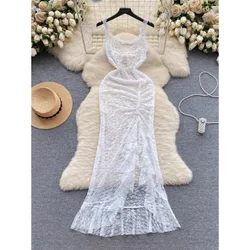 Women Sexy Perspective Lace Sling Dress New Fashion Women Design Long Dress Summer Base White Ruffled Backless Dress