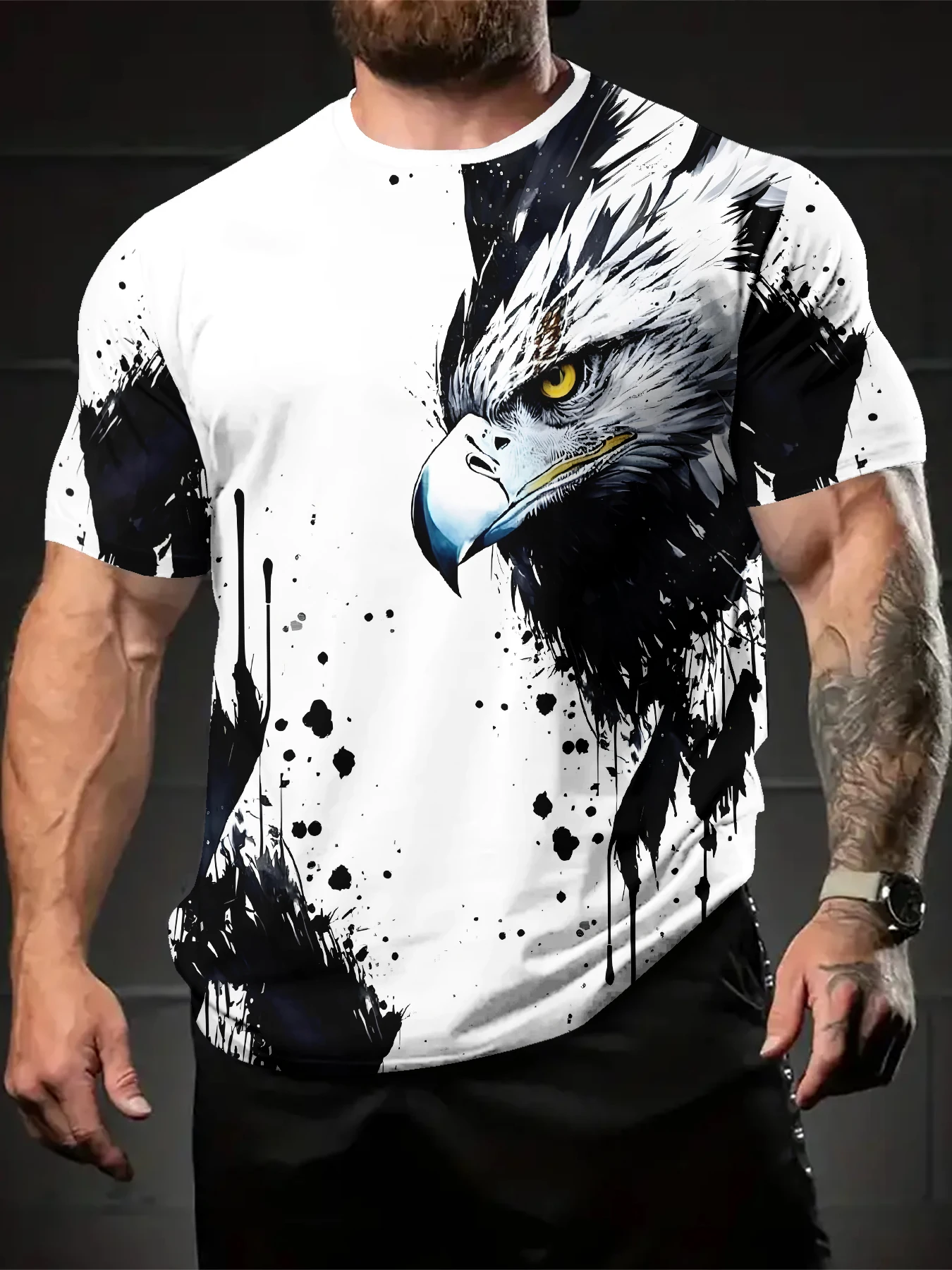 Casual Men Abstract Ink Splash Eagle Graphic Printed Short Sleeve Top