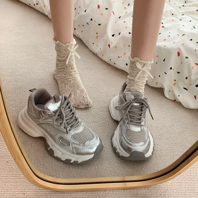 Sneakers Mesh Shoes Women's Heels Platform Tennis Female Woman shoes Breathable 2024 Thick Sole Fashion Casual Trainers Roses