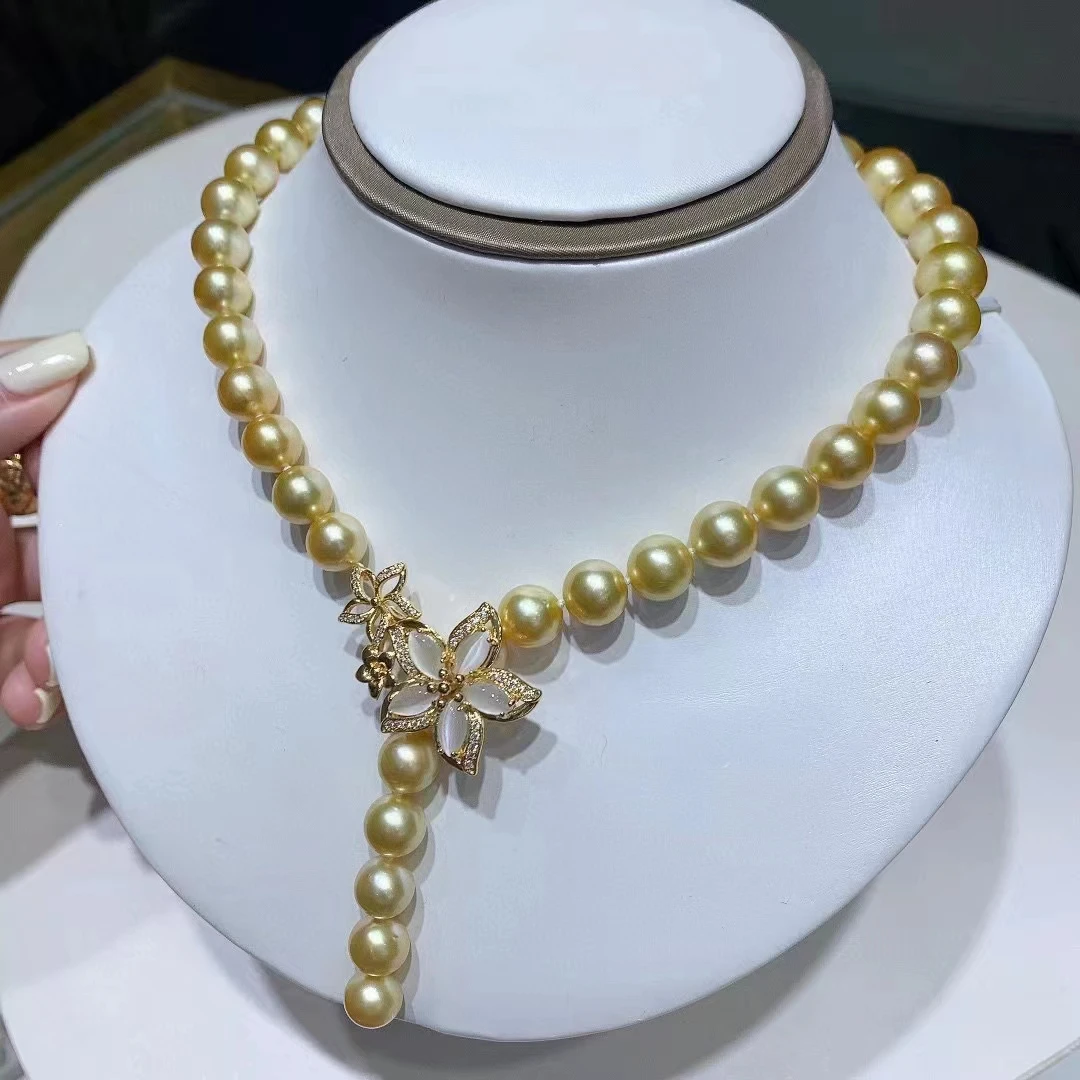 New Beautiful Pearl Necklace AAA9-10mm Natural South Sea Round Pearl Necklace 18k Real Gold Package Pure Copper 16-30inch