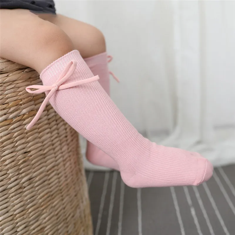 Calcetines hasta la rodilla para niños y niñas, calcetín largo plano con lazo, algodón suave, sólido, Princesa, de 0 a 7 años, otoño