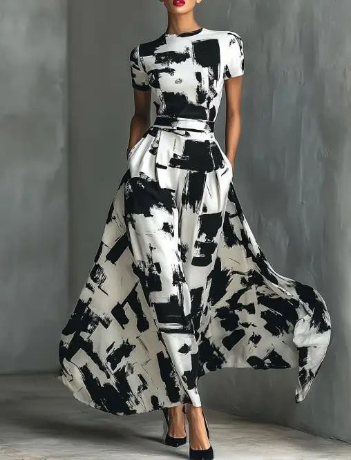 

Slim Fit Women's Dress Summer New Black and White Ink Wash Contrasting Print Temperament Elegant Slim Fit Short Sleeved Dress