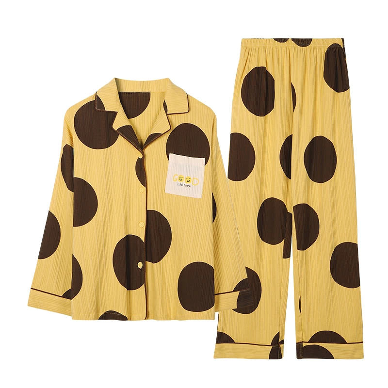 M-XXL Comfortable Loose All Cotton Spring and Autumn Women's Cardigan playful yellow pajamas large polka dot pattern pajamas