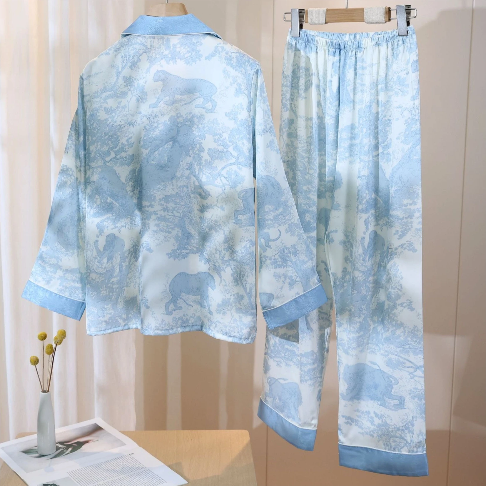 Spring Two Piece Pajamas Set Print Sleepwear Lingerie Women Long Sleeve Shirt Trousers Pijamas Suit Satin Home Clothes