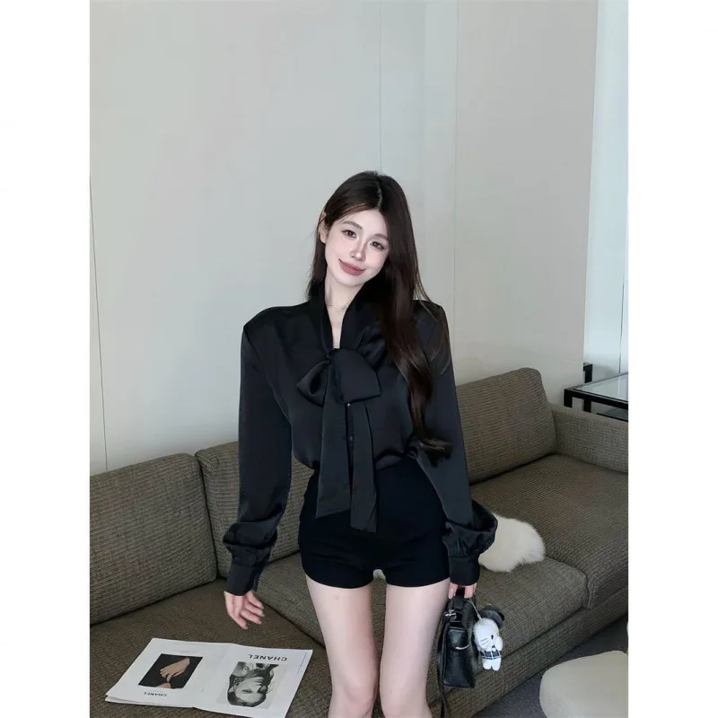 

Luxuriously Satin Blouse Long Sleeve Workplace Blouse Parisian Romantic Elegant Blouse Butterfly Sleeve Classic Shirt