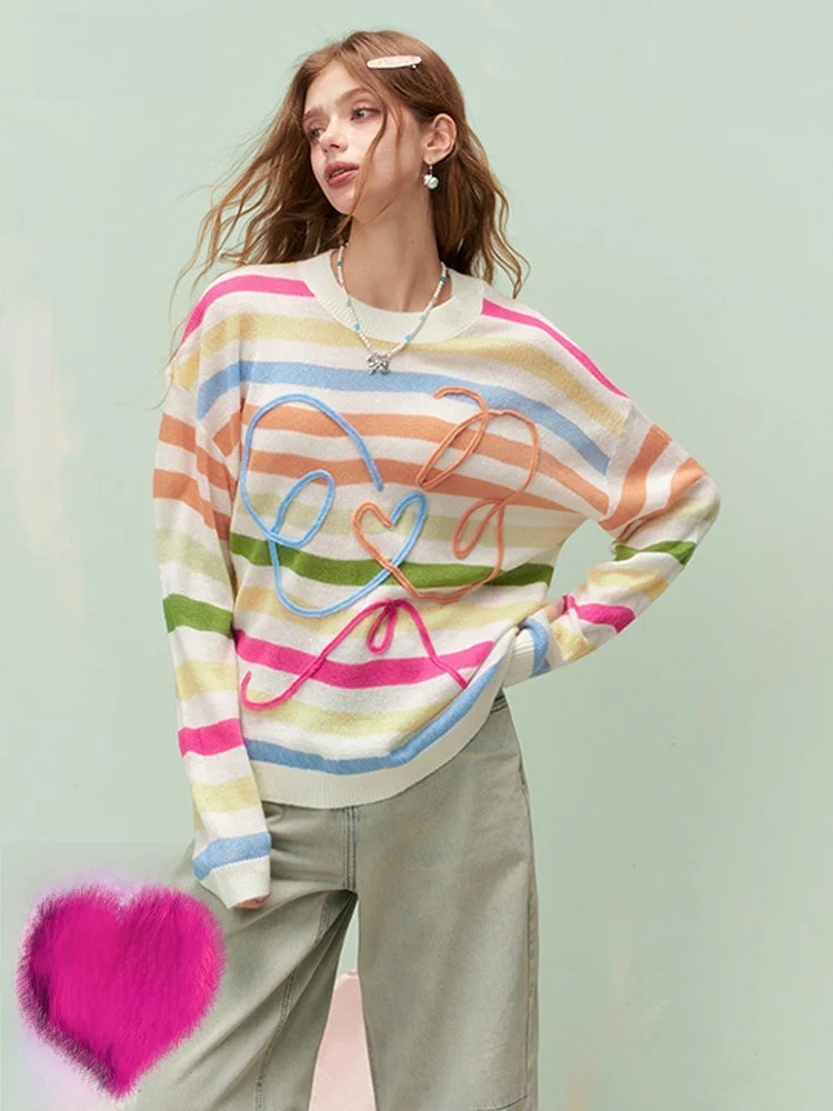 

Beautiful Korean Sle Lazy Sle Striped Knitwear Women's Early Spring Long Sve round Ne Loose Fit Comfortable Top