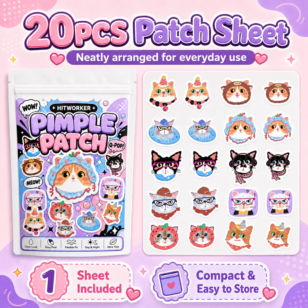 HITWORKER 200/100 Acne Patch |   Water Colloidal Cute Cat Acne Patch |   Effectively absorbs acne secretions and gently cleanses
