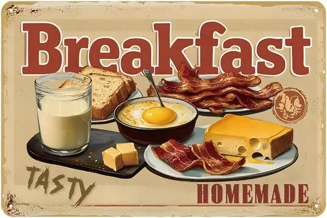 Vintage Metal Tin Signs Retro Plaque Breakfast Signs Fried Egg Cheese Bacon Olive Sign Wall Art Decor Plaque Cheese Bacon Olive