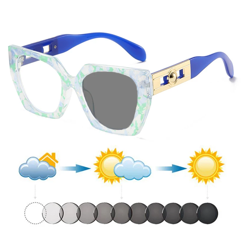 New Fashion Women Floral Patchwork Square Photochromic Myopia Sunglasses Ladies Shortsighted Shades Dark Glasses Sunnies Travel