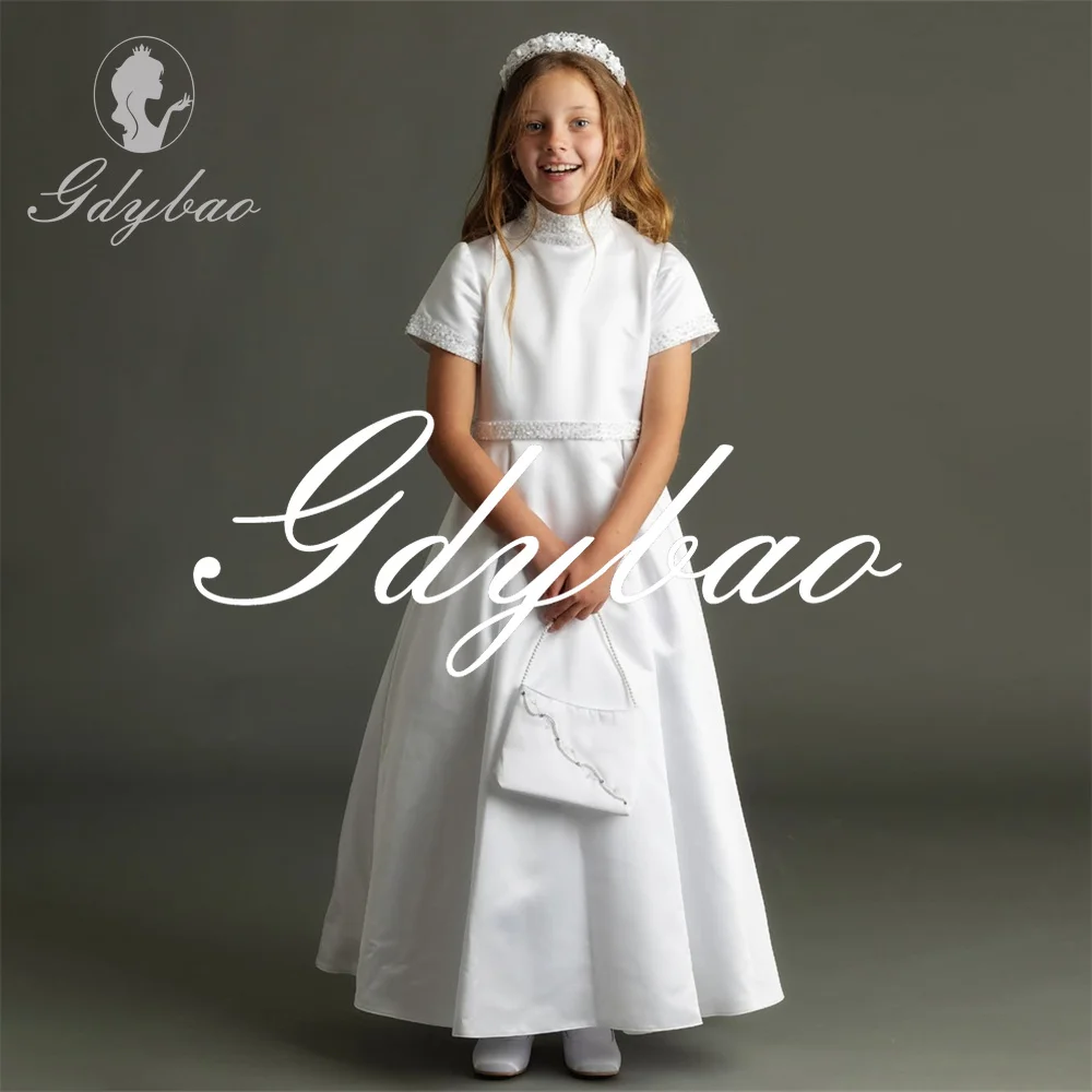 

Simple Classic Crystals Wedding Flower Girl Dress Short Sleeve A Line Ankle Length Formal First Communion Dress Customized