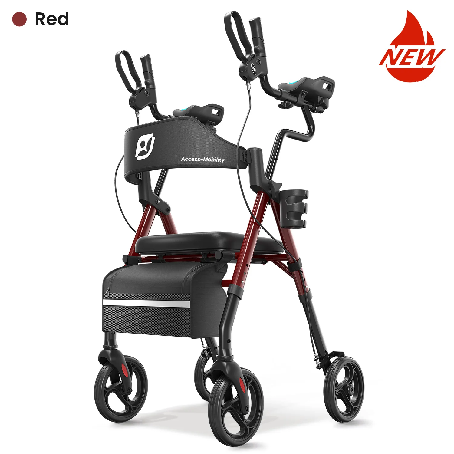 Staande rollator, staande rollator met gevoerde zitting en rugleuning, rollators voor senioren, opvouwbare rollator met zitting