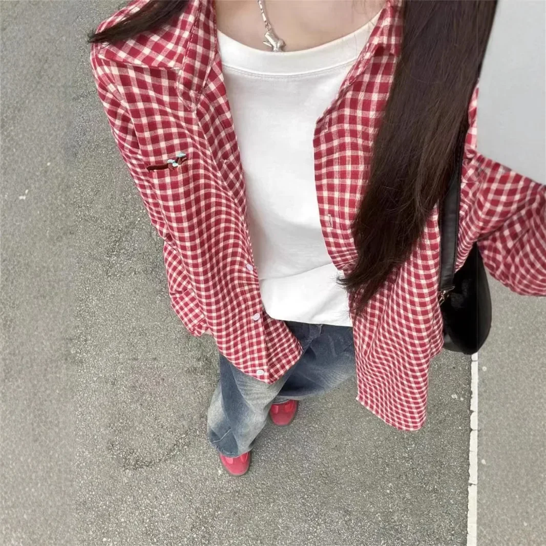 

Красная клетчатая рубашка, женская весенне-осенняя популярная Интернет-знаменитость в академическом стиле, трансграничная