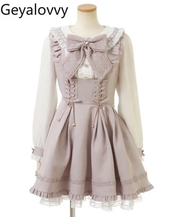 일본 스타일 대량 생산 새로운 달콤하고 귀여운 로리타 세트 레이스 패치워크 리본 네이비 칼라 소녀 긴 소매 드레스와 반바지