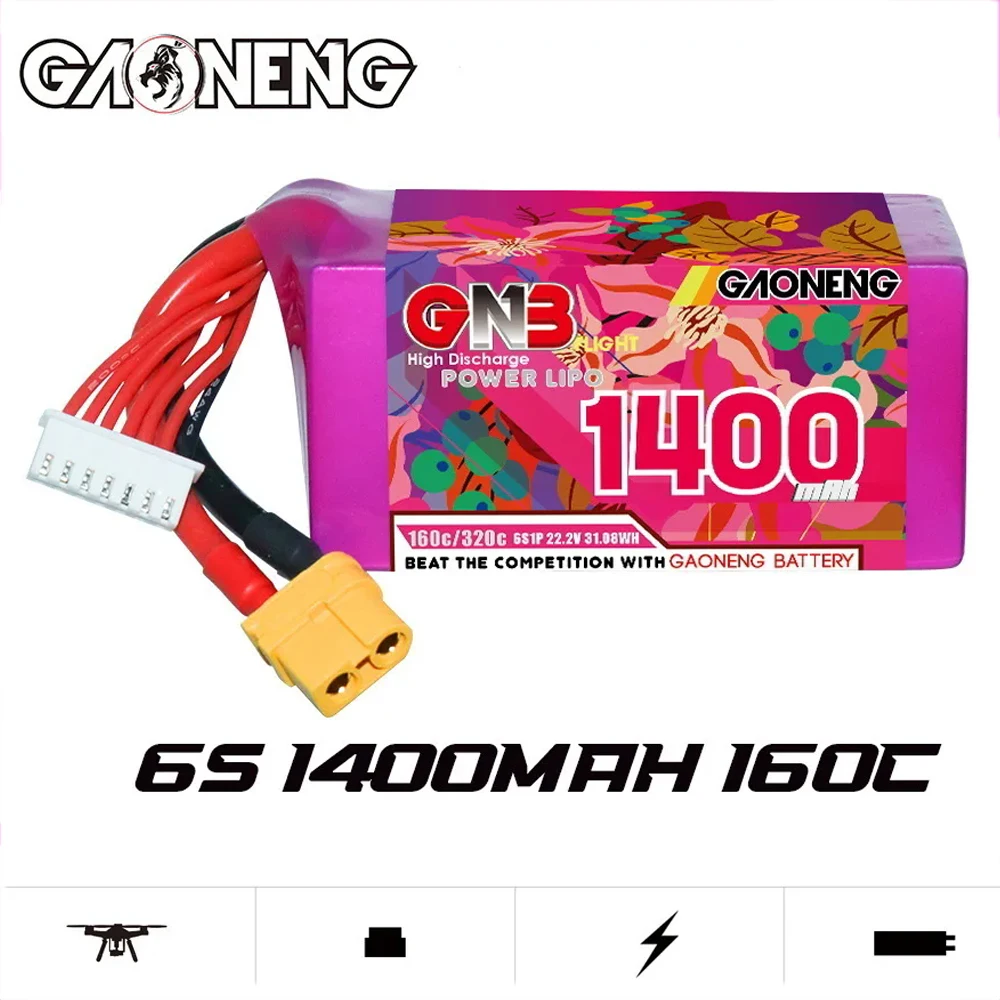 Gaoneng GNB 1400mAh 4S 6S 14.8V 22.2V 160C/Max320C LiPo Battery For Racing Drone FPV Quadcopter Helicopter Model Parts