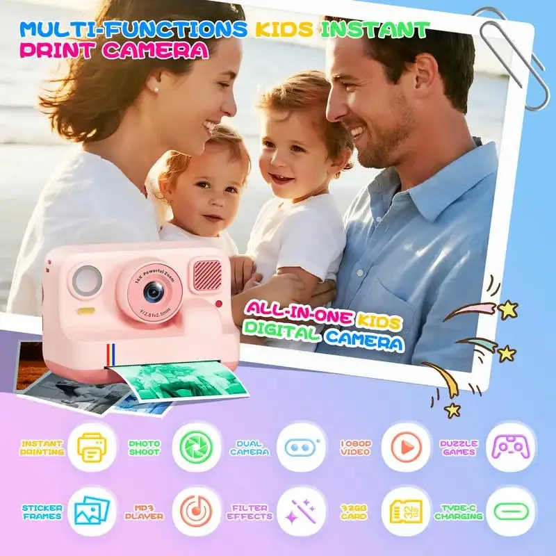 2026 NEW Kids Digital Camera with Instant Print-Dual Lens 1080P HD Selfie Video 32GB For Girls Boys Ages 3-12 Digital Kid Camera