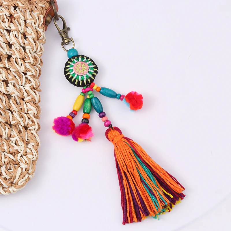 1pc flor encantos chaveiros contas de madeira com pompom keyring colorido jóias boho estilo