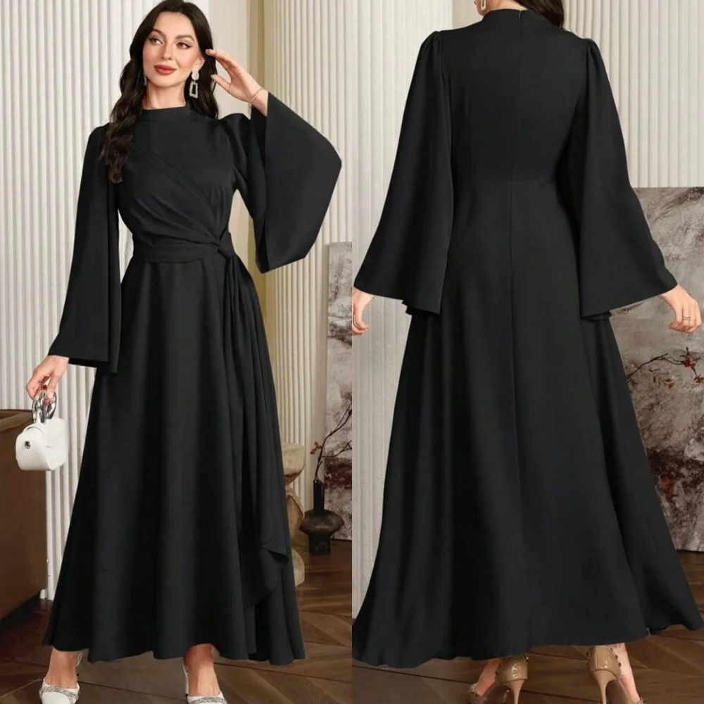 

Customized Exquisite Black Jersey Evening Dress Temperament Crew Neck Flare Sleeves Long Sleeves Zipper Back Homecoming Dress