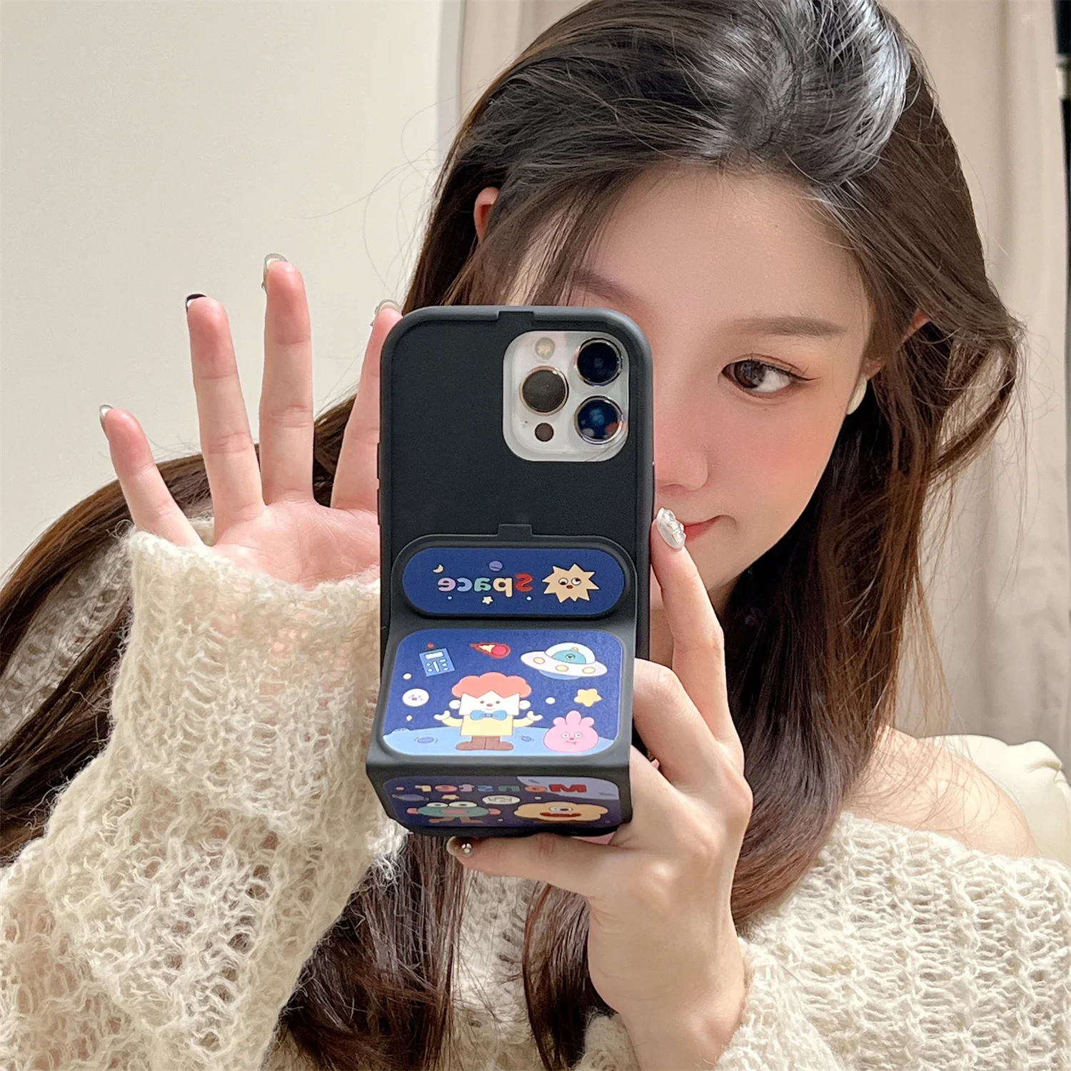 Clamshell Folding Bracket Blue Space  Phone Cases for IPhone  11 12 13 14 15 Pro Max Case  Shockproof  Back Cover Funda Kaws