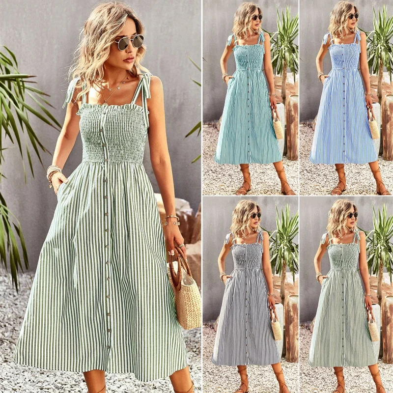 DY-vestido listrado auto-projetado para mulheres, saia suspensa elegante, primavera e verão