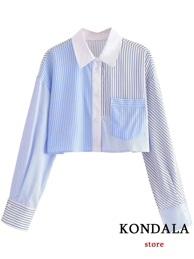 KONDALA Vintage Stripe Casual Long Sleeve Pocket Button Commute Women Shirt Fashion 2023 Summer Loose New Chic Patchwork Blouse