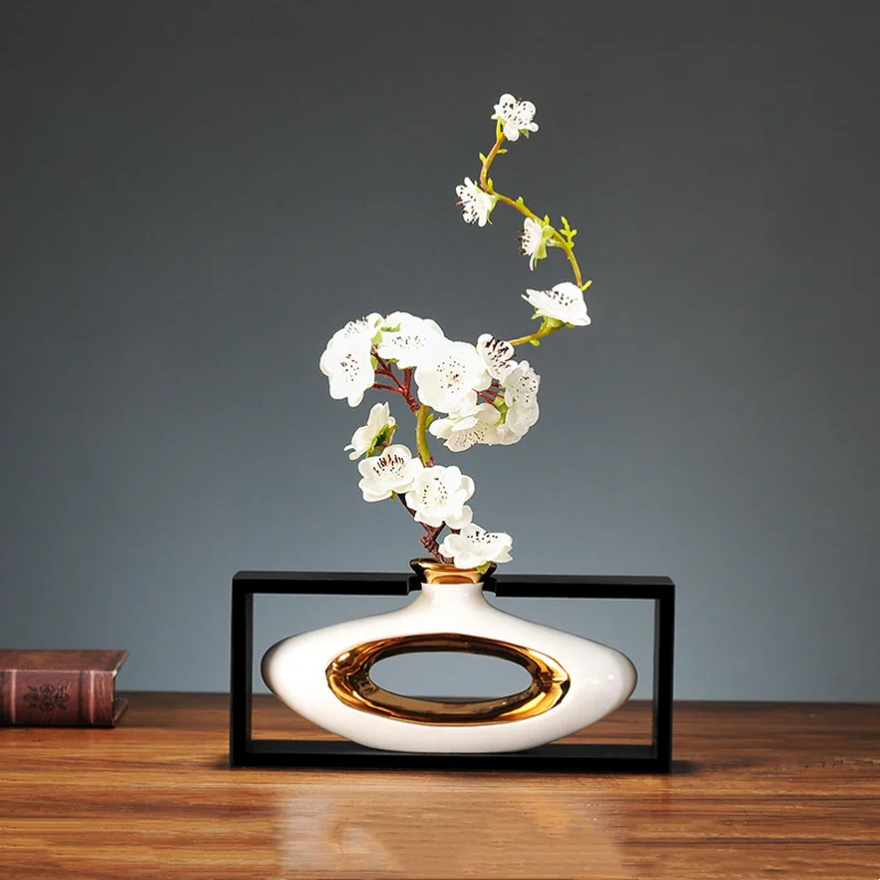 Chinese Style Creativity Ceramic Vase Wooden Frame Retro Openwork