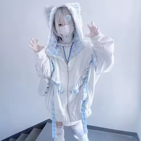 Japanese Anime Grid Meow Subculture y2k Cute Loose Plush Hooded Coat Women Clothing Winter Coats Warm Casual Jacket for Women