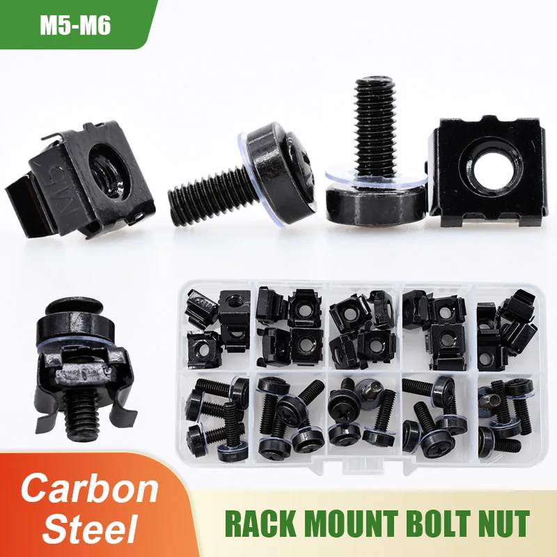 M6x16mm M6x20mm Black Carbon Steel Screw Nut Set For Rack Mount Server Cabinet Shelves Phillips Bolt Cage Nuts Kit 20Set M5 M6