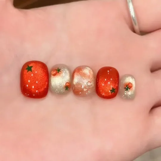 

10pcs Festive Red Oval Short Press-On Nails with Cute Tomato Design Glossy Finish Holiday Nail Art Set for Women and Girls Wear